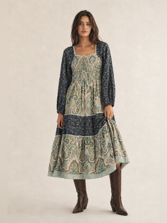 JODIFL Dresses & Skirts - #257 🟢 Boho Paisley Tiered Maxi Dress in Navy and Green